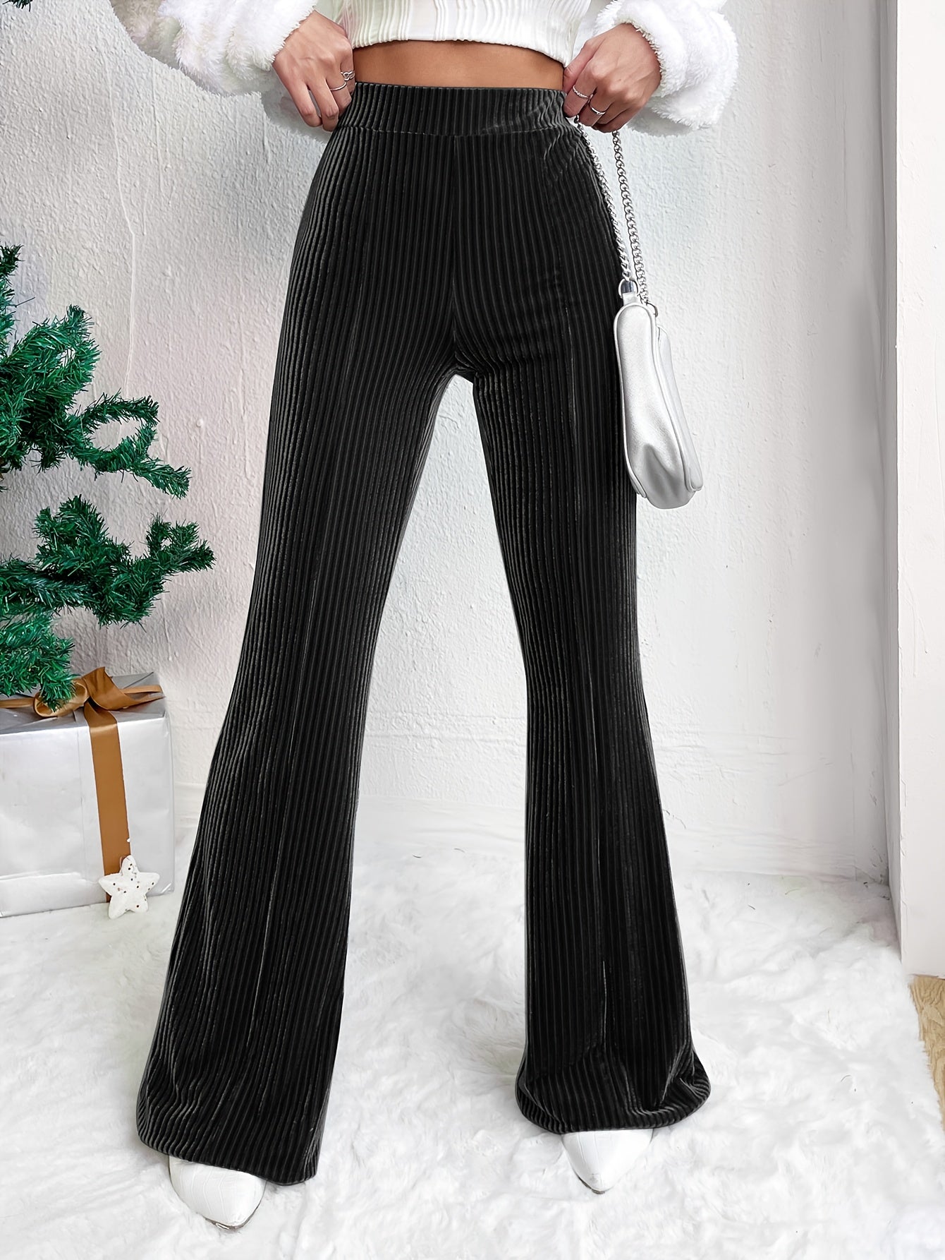 Solid High Waist Pants, Casual Flare Leg Pants For Spring & Fall, Women's Clothing