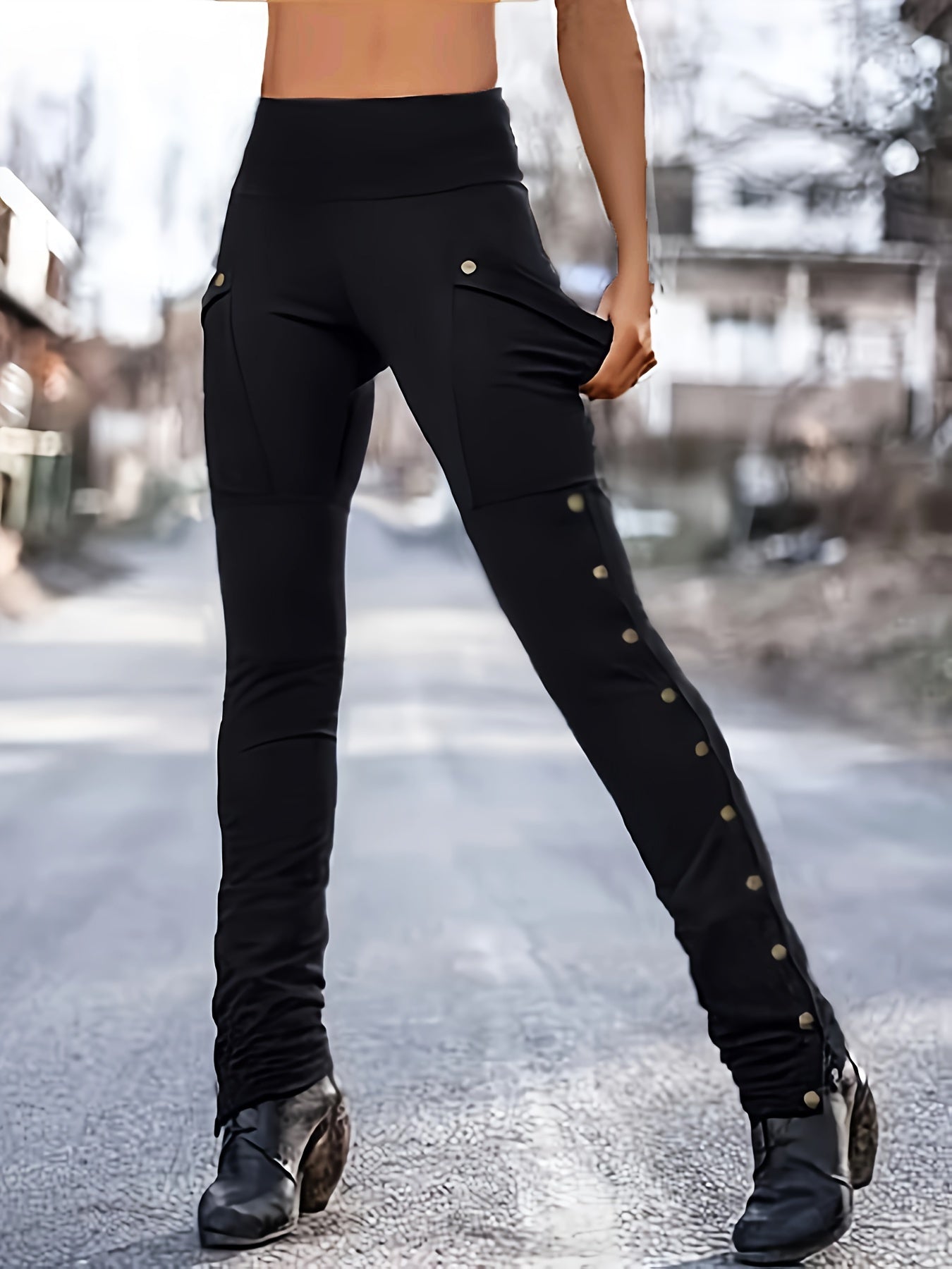 Solid Button Side Skinny Pants, Casual High Waist Patched Pocket Pants, Women's Clothing