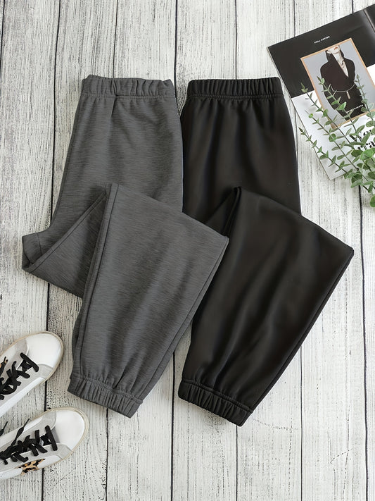 2 Pack Solid High Waist Pants, Casual Elastic Waist Sweatpants For Spring & Fall, Women's Clothing