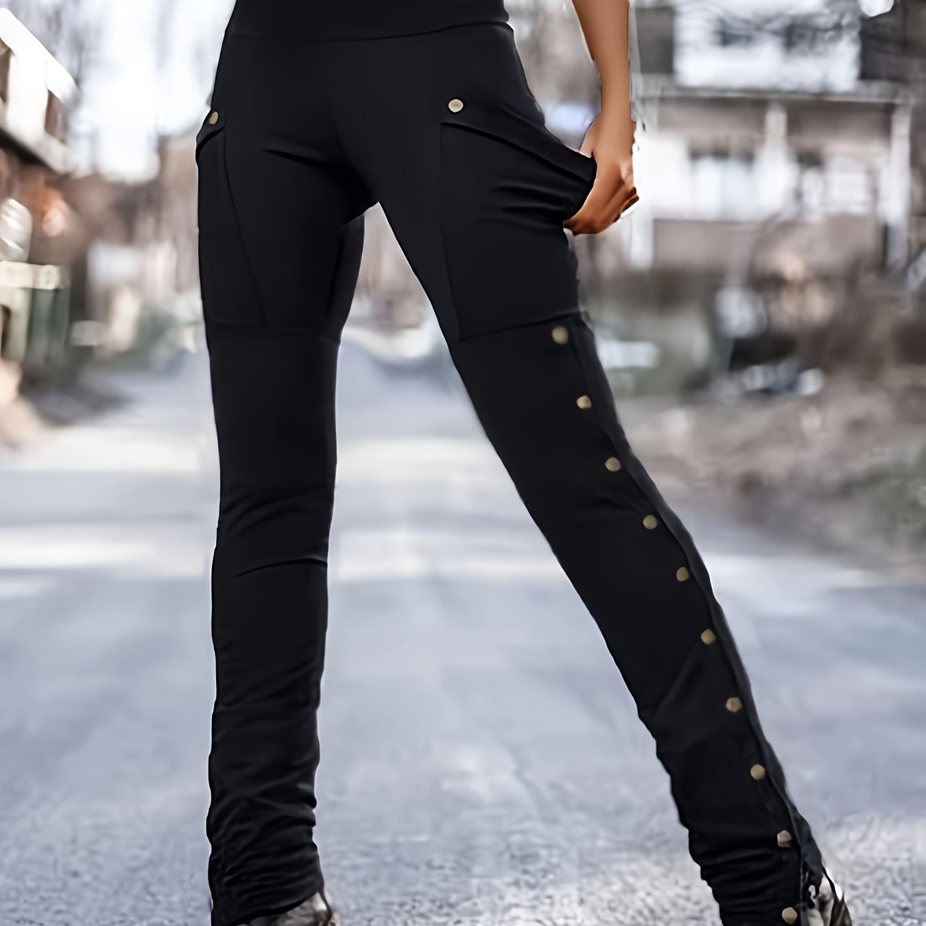 Solid Button Side Skinny Pants, Casual High Waist Patched Pocket Pants, Women's Clothing