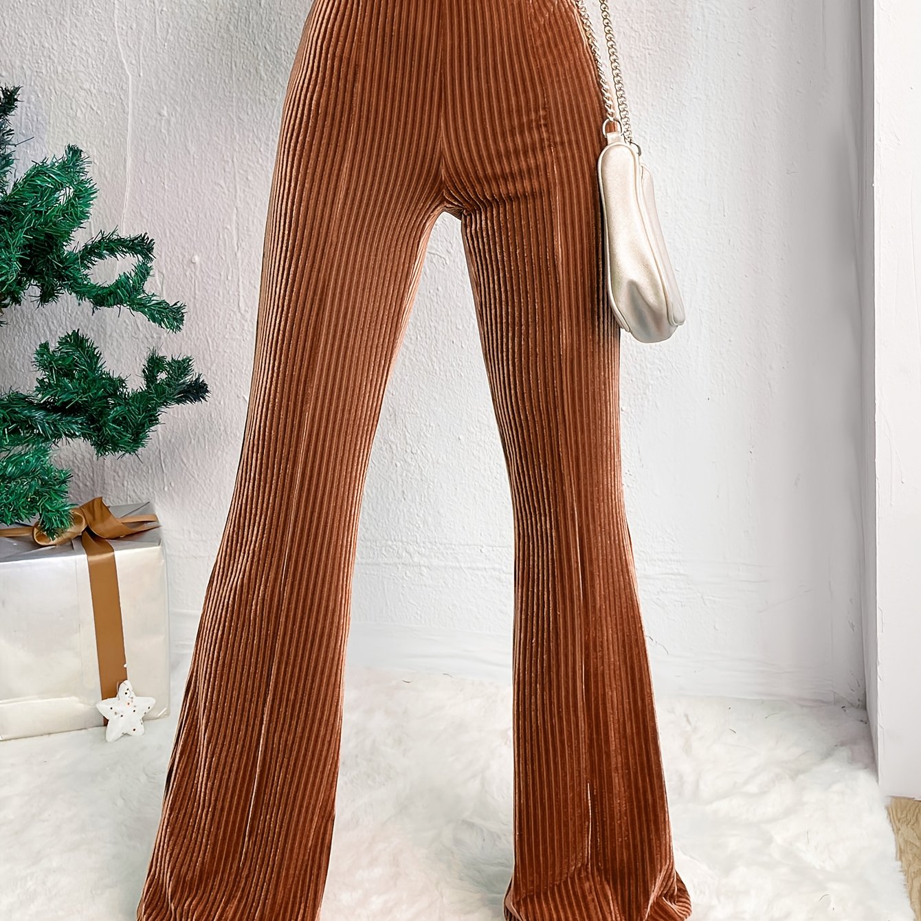 Solid High Waist Pants, Casual Flare Leg Pants For Spring & Fall, Women's Clothing