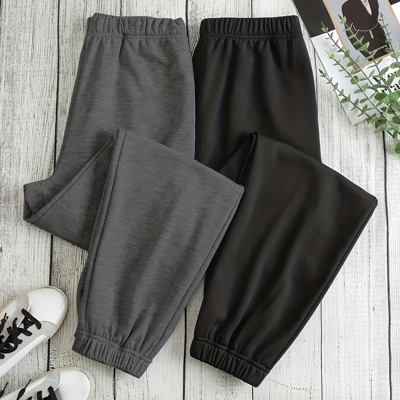 2 Pack Solid High Waist Pants, Casual Elastic Waist Sweatpants For Spring & Fall, Women's Clothing